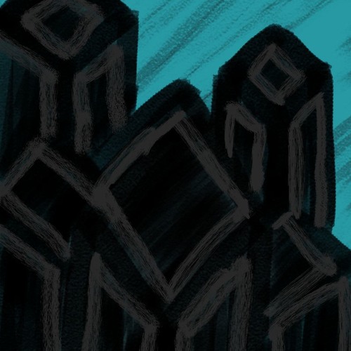 digitally-painted picture of large rectangular obelisks set against a dark sky.